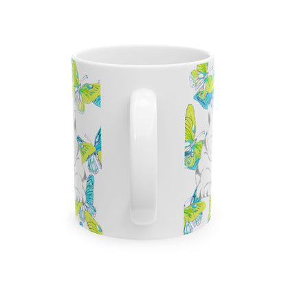 Kitty Flutter Ceramic Mug, Aqua/Lime, (11oz, 15oz)