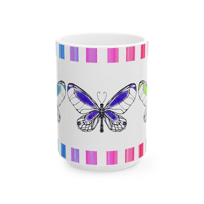 Butterfly Rainbow Stripe Ceramic Mug in Aqua, Purple and Green with Multi-color Striped Border, (Available in 2 sizes 11oz and 15oz)