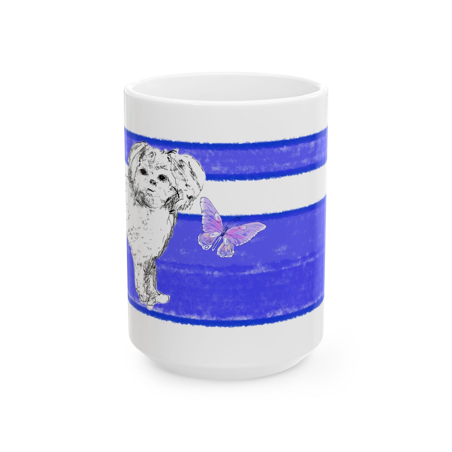 Mega Stripe Dogi Butterfly Flutter Ceramic Mug, (11oz, 15oz), Ultramarine Shih Tzu