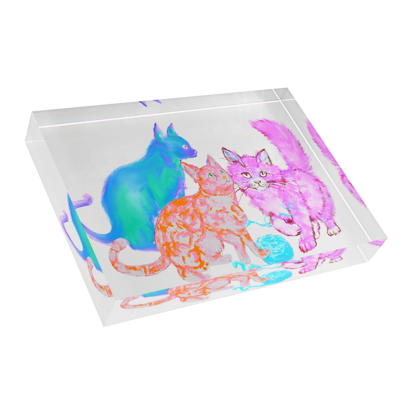 Colorful Cats & Dogs Acrylic Art Block Blue Orange Pink