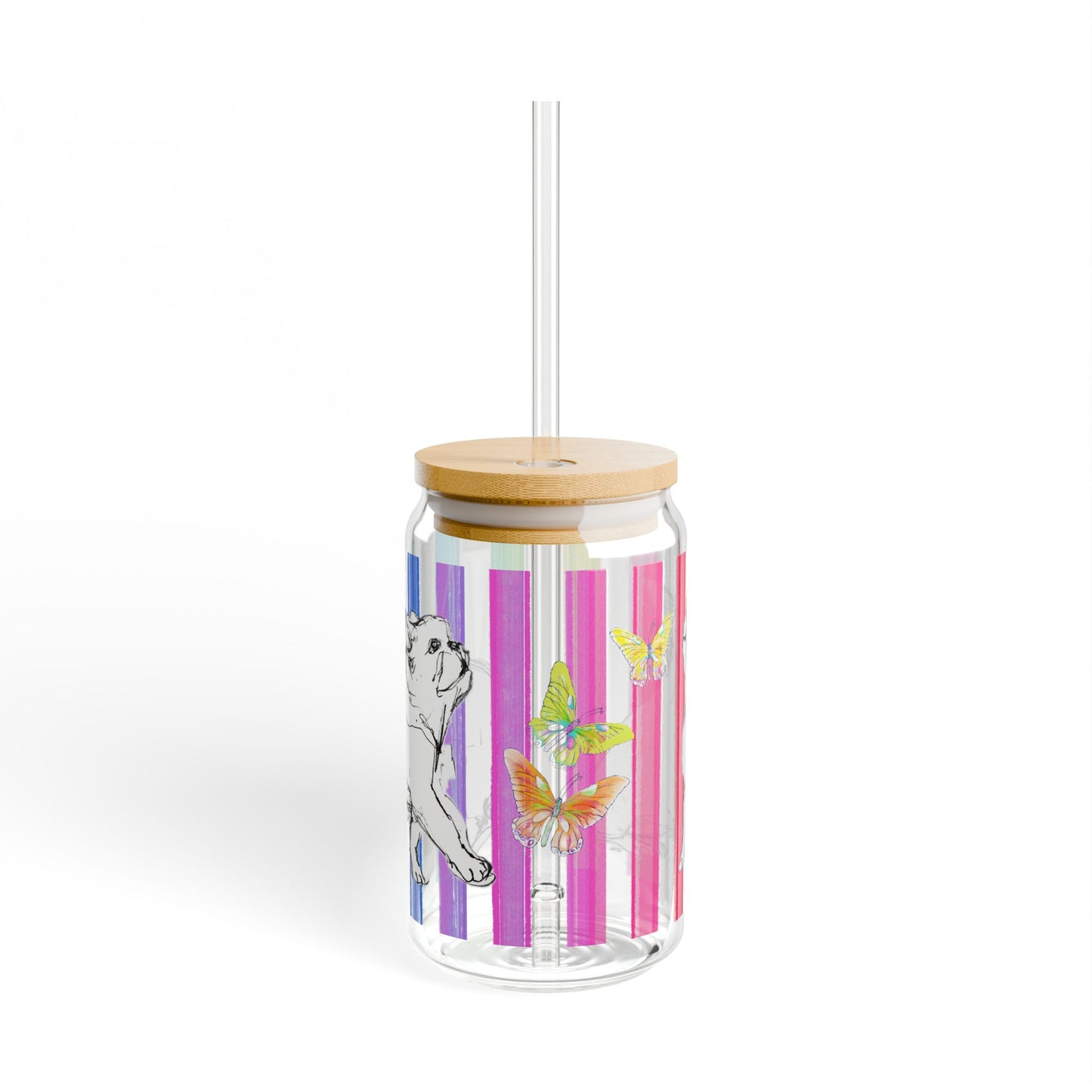 Dogi Butterfly Flutter Rainbow Stripe  Sipper Glass, 16oz Multi Butterflies