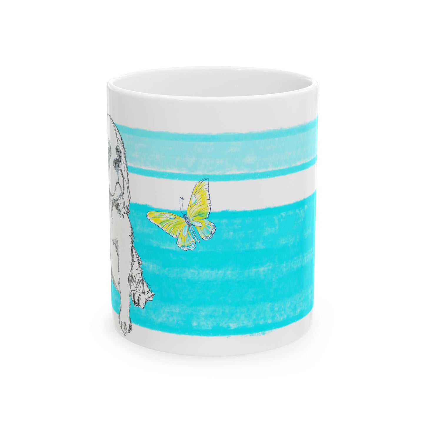 Mega Stripe Dogi Butterfly Flutter Ceramic Mug, (11oz, 15oz), Aqua Cocker Spaniel