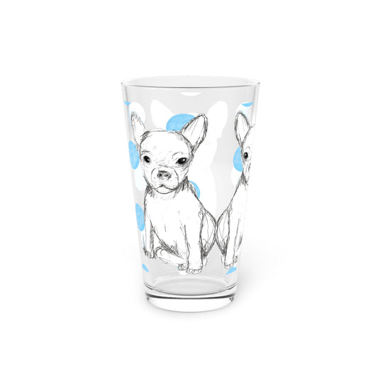 Dogi Fun and Polka Dots Pint Glass in Aqua, Chihuahua, 16oz