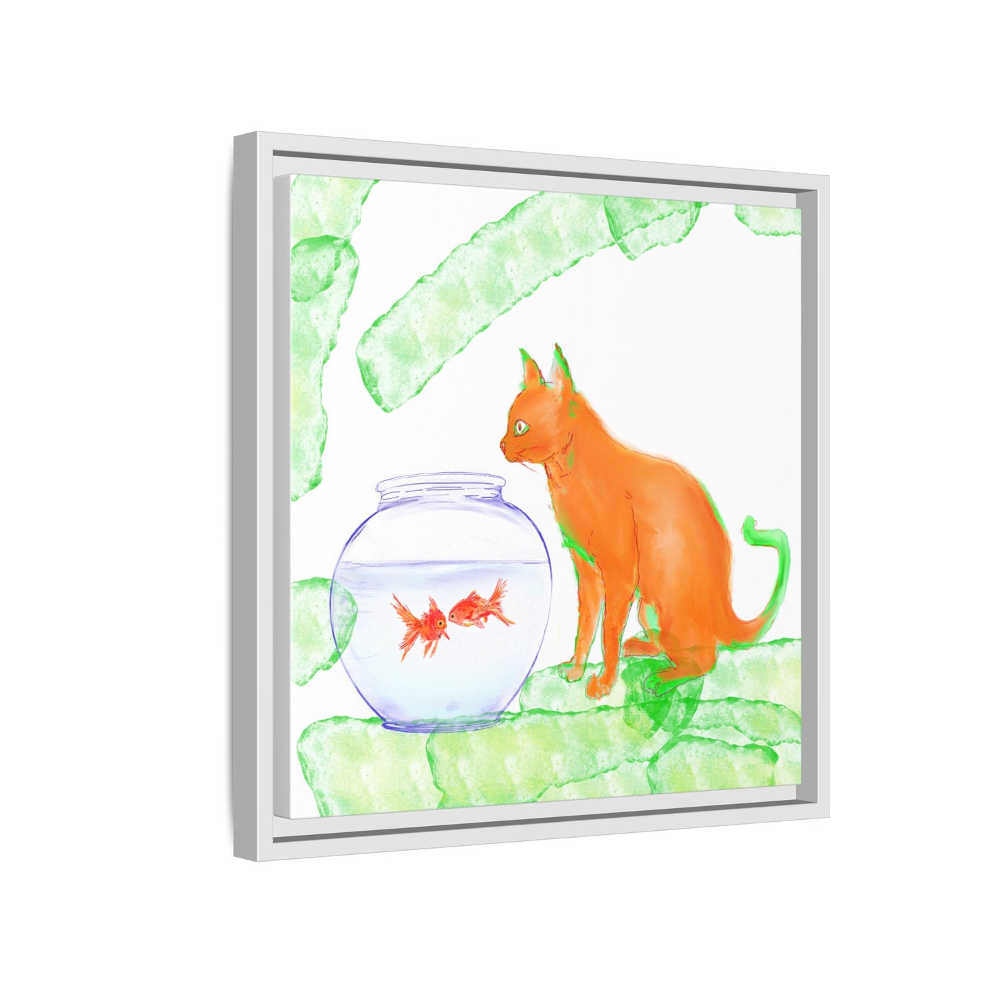 Colorful Cat and Fish Bowl Matte Canvas Framed white