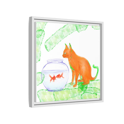 Colorful Cat and Fish Bowl Matte Canvas Framed white