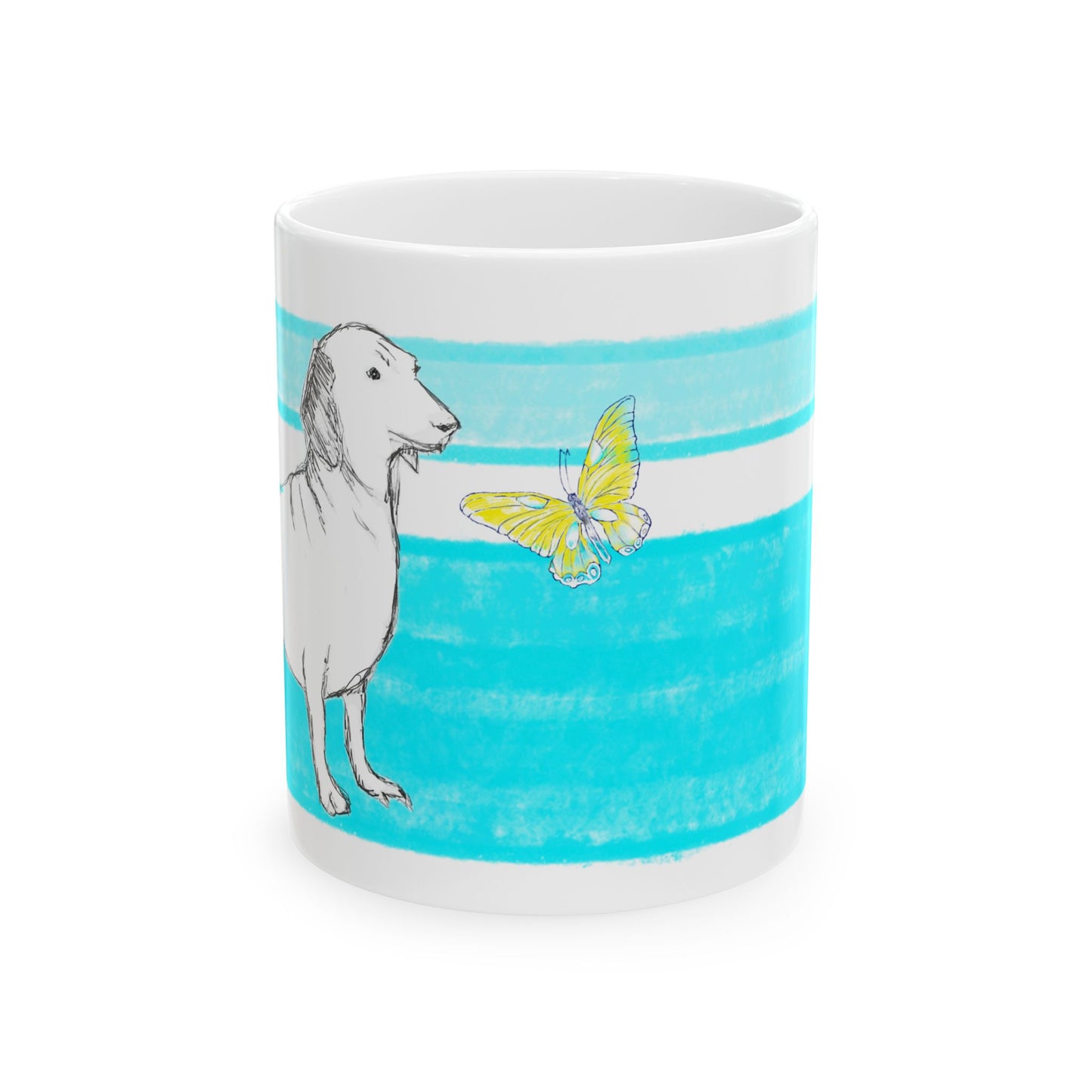 Mega Stripe Dogi Butterfly Flutter Ceramic Mug, (11oz, 15oz), Aqua Dachshund
