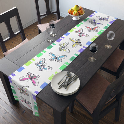 Butterfly Flutterstripe Table Runner in Multi-color With Blue/Green Border 1 size ( 16" × 90")  (available in Cotton (Creamier) & Polyester (Whiter)