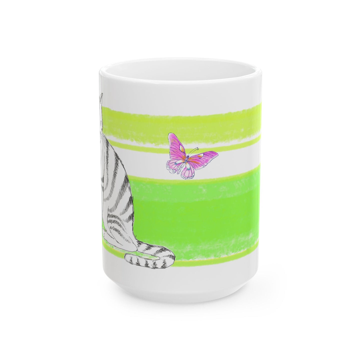 Mega Stripe Kitty Butterfly Flutter Ceramic Mug Yellow Green