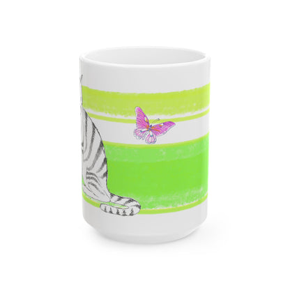 Mega Stripe Kitty Butterfly Flutter Ceramic Mug Yellow Green