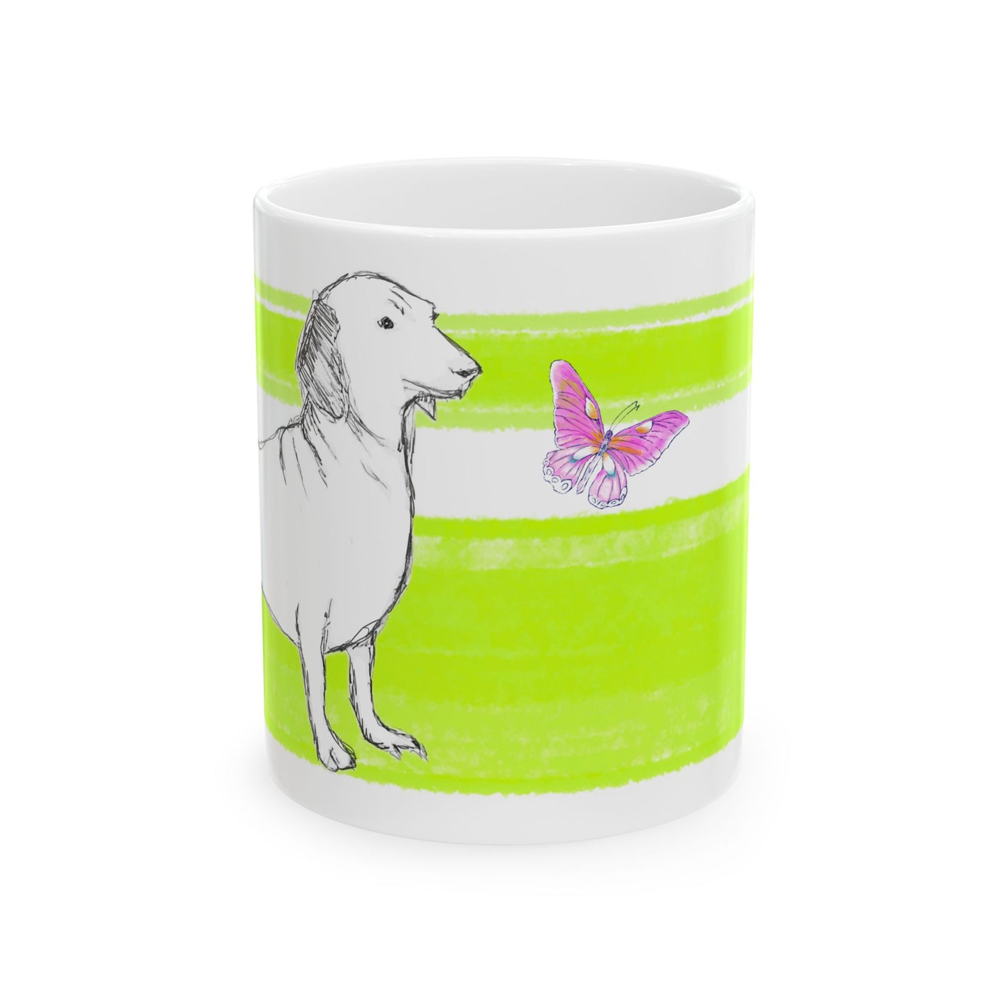 Mega Stripe Dogi Butterfly Flutter Ceramic Mug, (11oz), Lime Dachshund