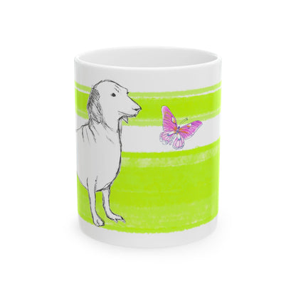Mega Stripe Dogi Butterfly Flutter Ceramic Mug, (11oz), Lime Dachshund