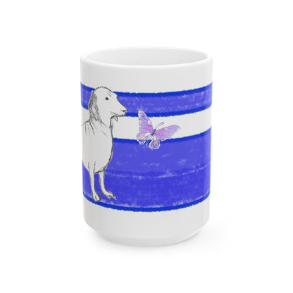 Mega Stripe Dogi Butterfly Flutter Ceramic Mug, (11oz, 15oz), Ultramarine Dachshund