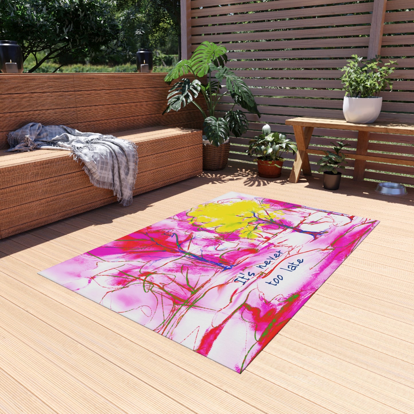 Inspirational Landscapes Indoor/Outdoor Rug, "It's never too late", Red, Pink, and Yellow Non-Slip