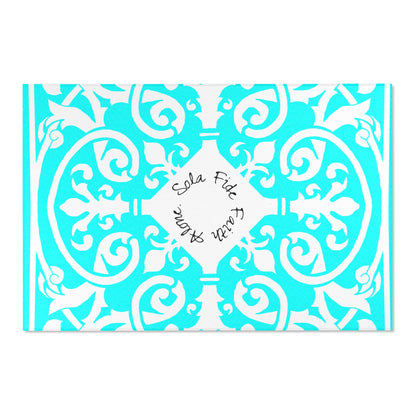 Scrollwork Indoor/Outdoor Rug Aqua "Sola Fide..."