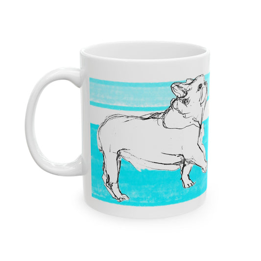 Mega Stripe Dogi Butterfly Flutter Ceramic Mug, (11oz, 15oz), Aqua, Bulldog