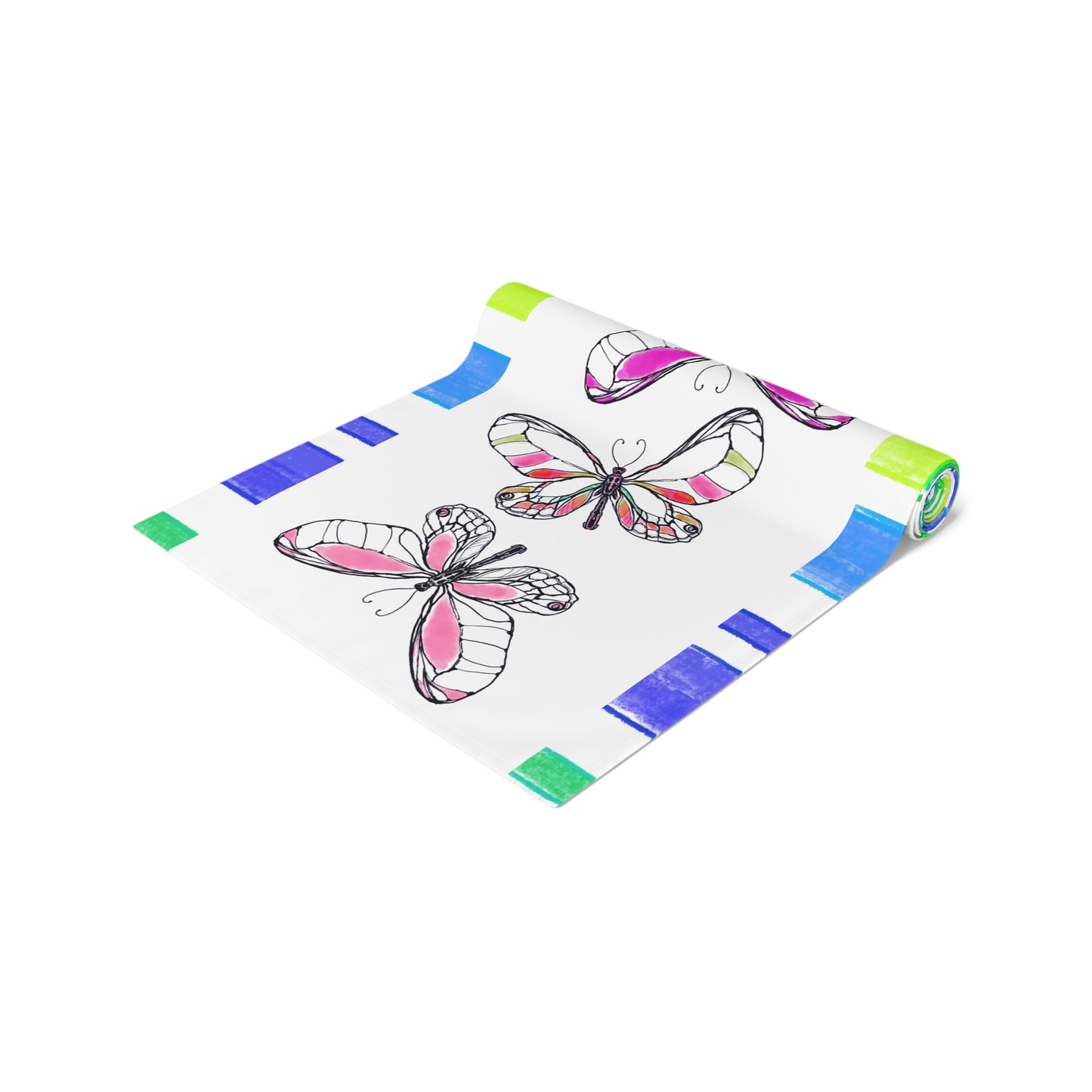 Butterfly Flutterstripe Table Runner in Multi-color With Blue/Green Border 1 size ( 16" × 72")  (available in Cotton (Creamier) & Polyester (Whiter)