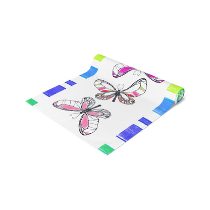 Butterfly Flutterstripe Table Runner in Multi-color With Blue/Green Border 1 size ( 16" × 72")  (available in Cotton (Creamier) & Polyester (Whiter)