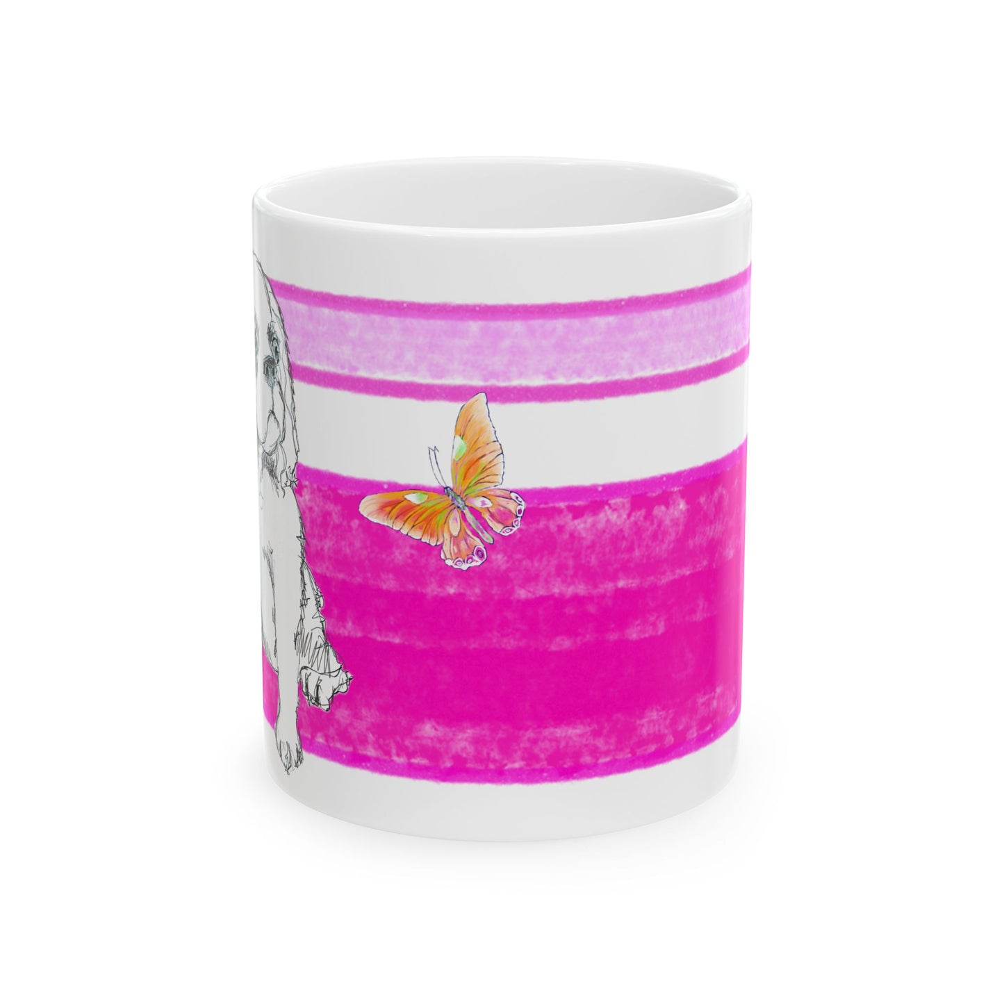 Mega Stripe Dogi Butterfly Flutter Ceramic Mug, (11oz, 15oz),  Raspberry Pink Cocker Spaniel