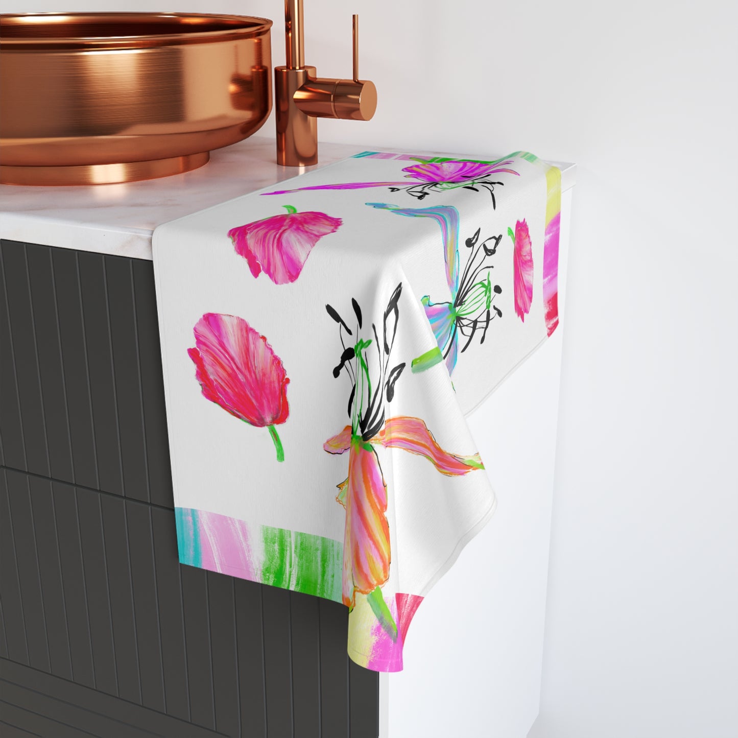 Dancing Tulips Hand Towel  Pinks Orange Aqua