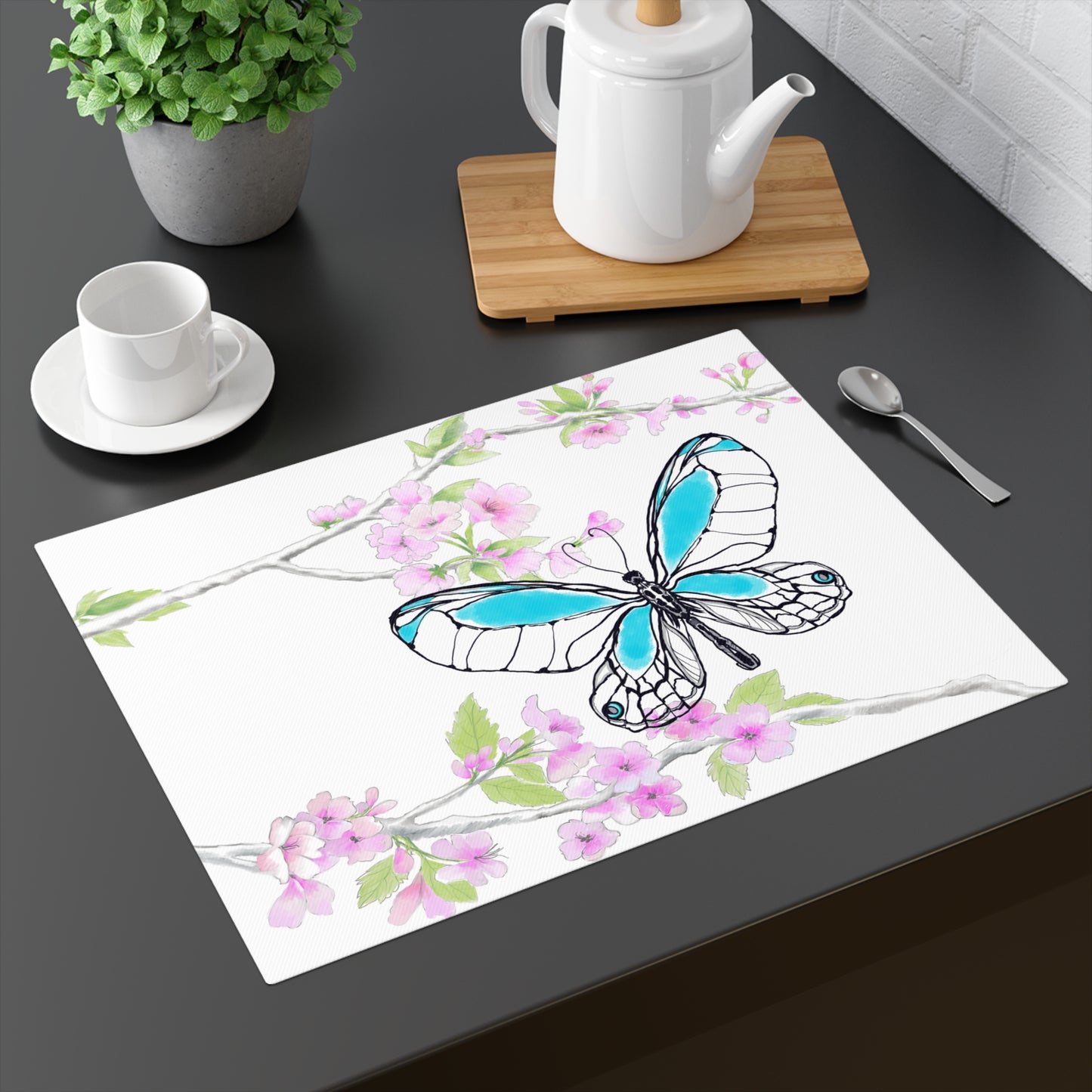 Butterfly Blossom Romp Cotton Twill Placemat, 1pc Aqua #2 Right side of table