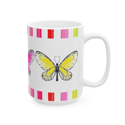 Butterfly Rainbow Stripe Ceramic Mug in Pink, Yellow, and Green with Multi-color Striped Border, (Available in 2 sizes 11oz and 15oz)