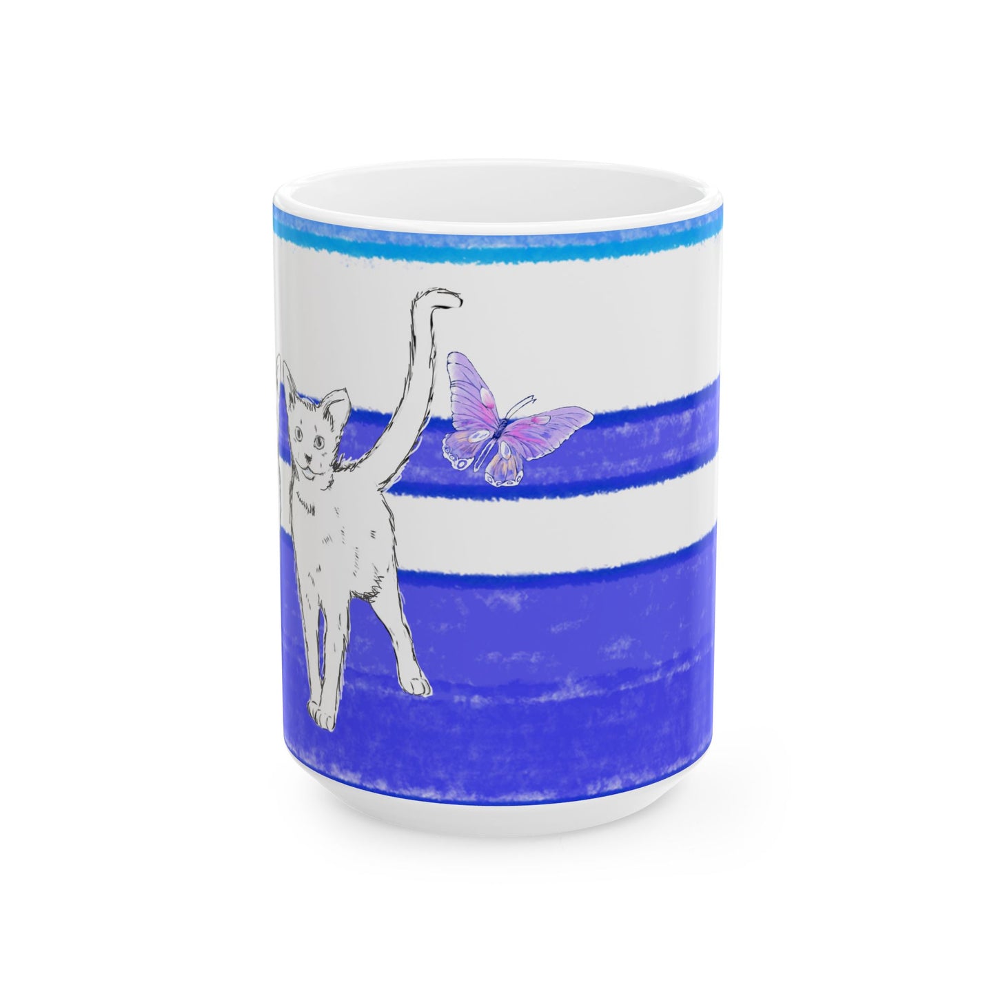 Mega Stripe Kitty Butterfly Flutter Ceramic Mug  Ultramarine