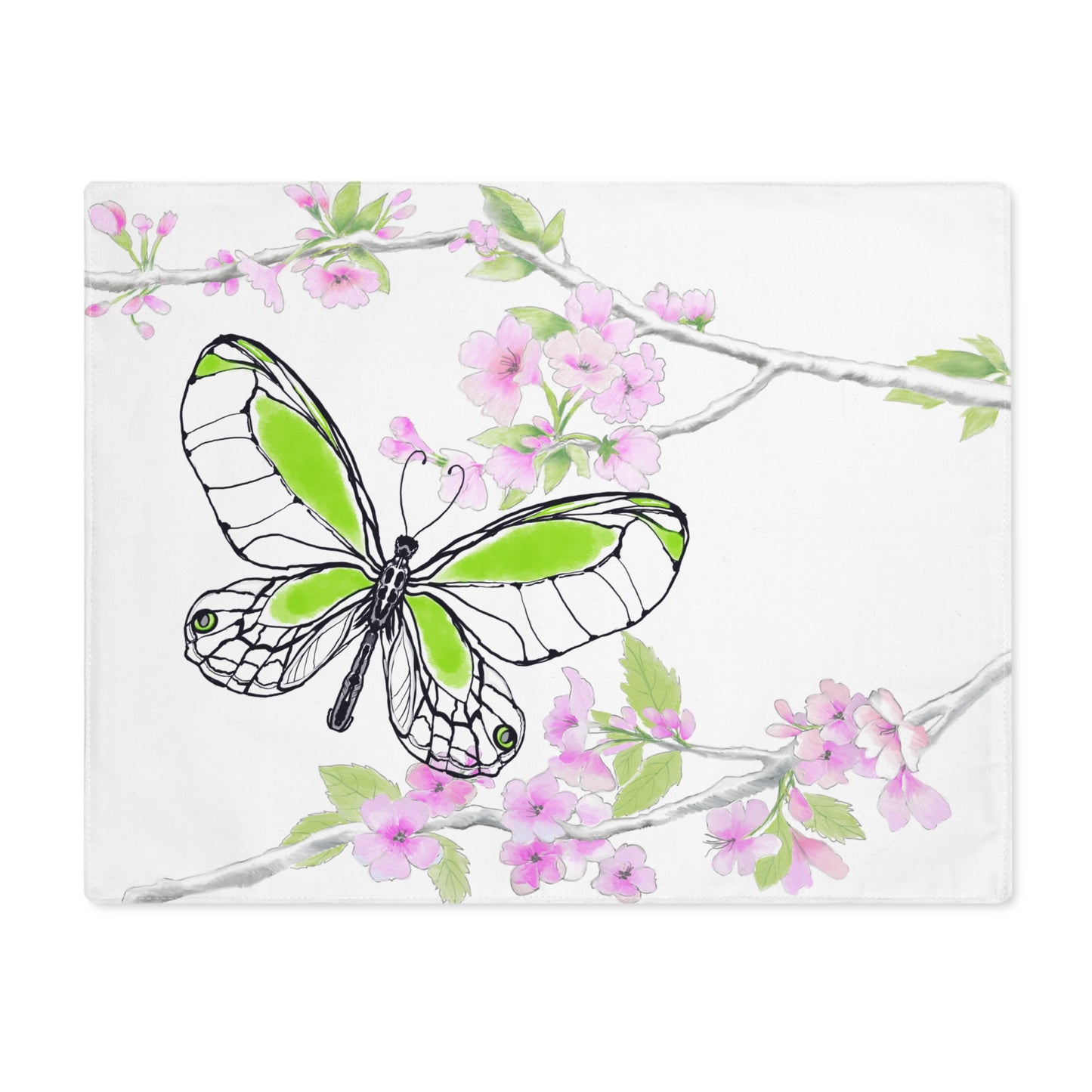 Butterfly Blossom Romp Cotton Twill Placemat, 1pc .Medium Green #7 Left side of table
