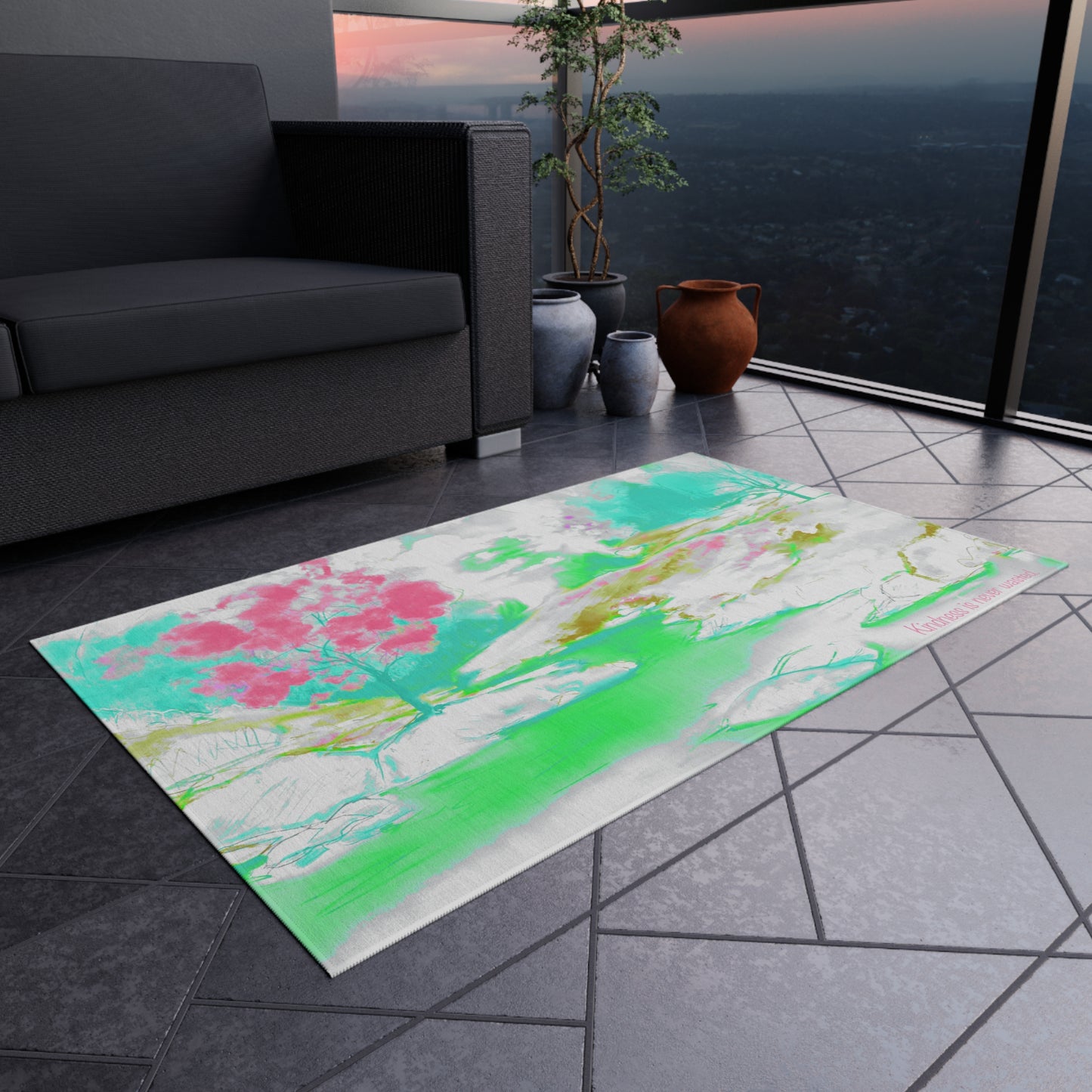 Inspirational Landscapes "Kindness is never wasted"  Indoor/Outdoor Area Rug in Lime, Aqua, and Raspberry (36" x 24")