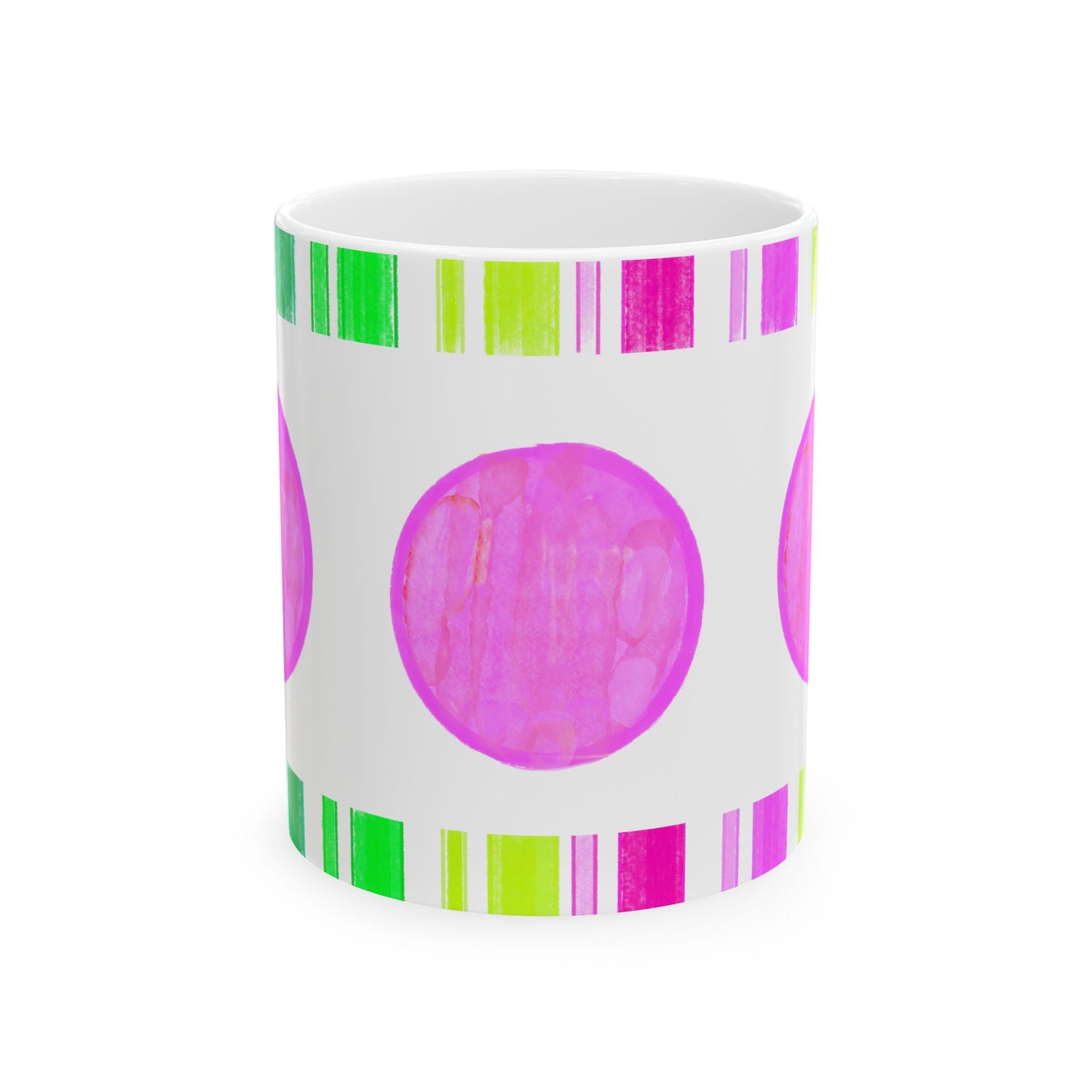 Mega Dot & Stripes Pink Ceramic Mug, (11oz, 15oz)