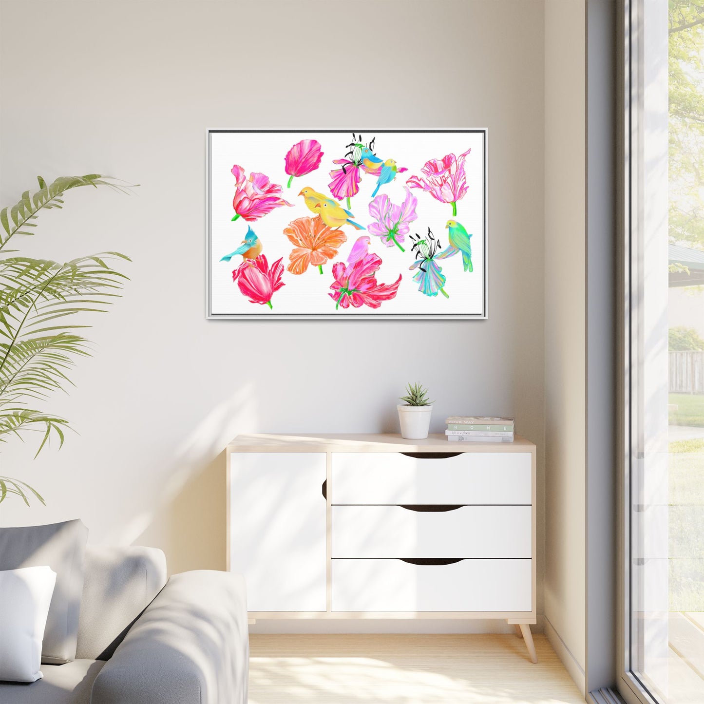 Vibrant Tulips Matte Canvas, Frame with birds