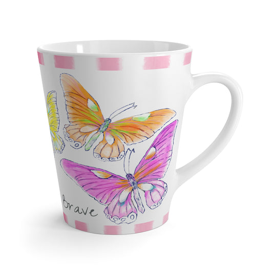 Butterfly Swing Latte Mug Aqua, Pink, Orange, Yellow Butterflies, Pink Stripe “Dare to be Brave”