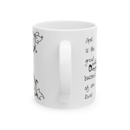 Scrollwork Ceramic Mug Black and White "God is the great... "