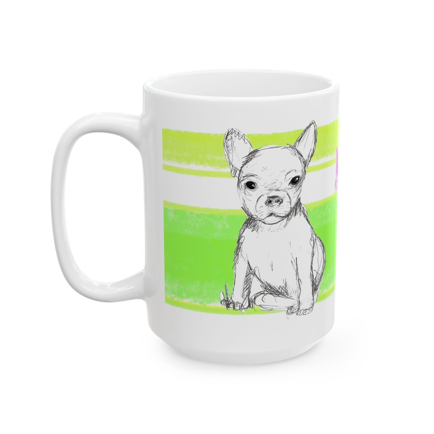 Mega Stripe Dogi Butterfly Flutter Ceramic Mug, (11oz, 15oz) Yellow Green Chihuahua
