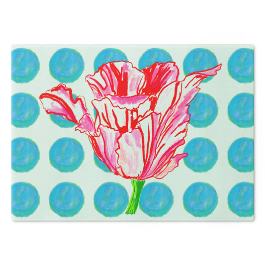 Dancing Tulips Cutting Board, Aqua Polka Dots
