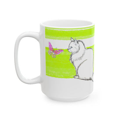 Mega Stripe Kitty Butterfly Flutter Ceramic Mug Lime