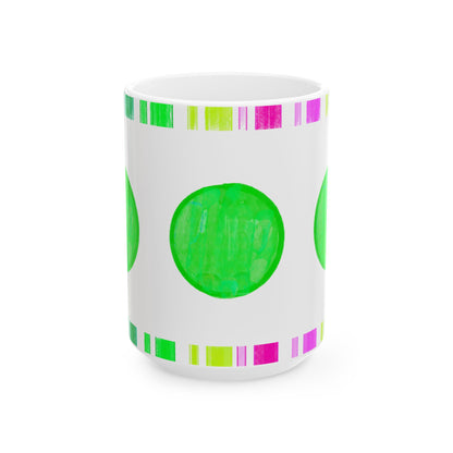 Mega Dot  & Stripes Bright Green Ceramic Mug, (11oz, 15oz)