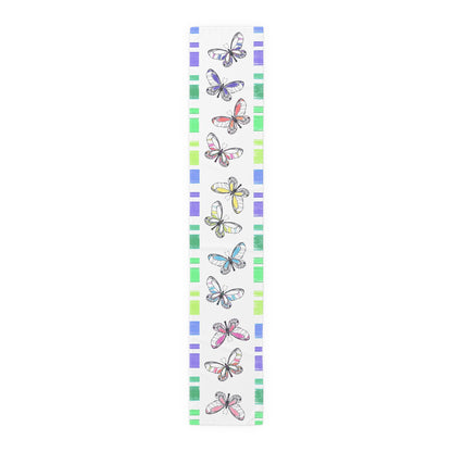Butterfly Flutterstripe Table Runner in Multi-color With Blue/Green Border 1 size ( 16" × 90")  (available in Cotton (Creamier) & Polyester (Whiter)