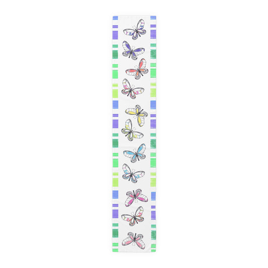 Butterfly Flutterstripe Table Runner in Multi-color With Blue/Green Border 1 size ( 16" × 90")  (available in Cotton (Creamier) & Polyester (Whiter)