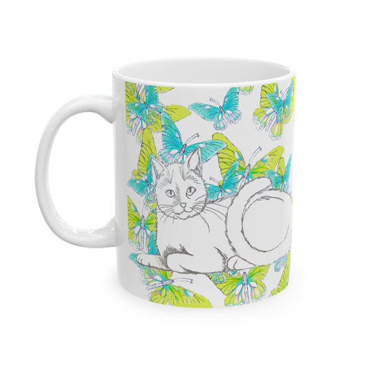 Kitty Flutter Ceramic Mug, Aqua/Lime, (11oz, 15oz)