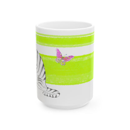 Mega Stripe Kitty Butterfly Flutter Ceramic Mug Lime