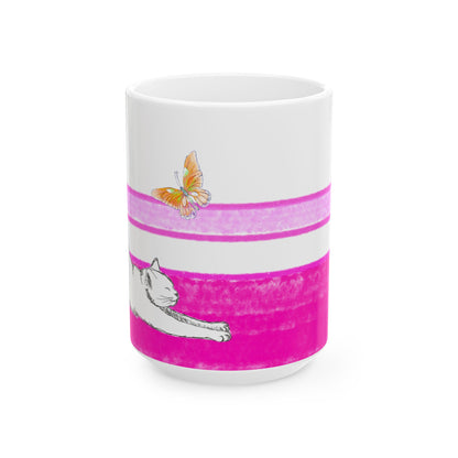 Mega Stripe Kitty Butterfly Flutter Ceramic Mug Raspberry Pink