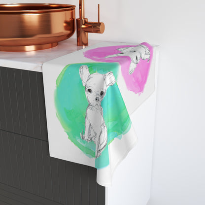Dogi Fun Circles and Chihuahuas Hand Towel in Raspberry and Aqua-Green