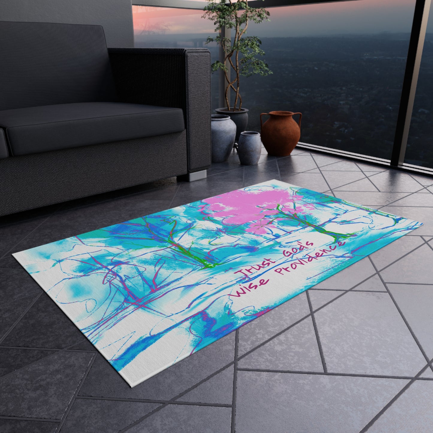 Inspirational Landscapes "Trust God's Providence" Indoor/Outdoor Rug in Blue and Pink Non-slip (36" x 24")