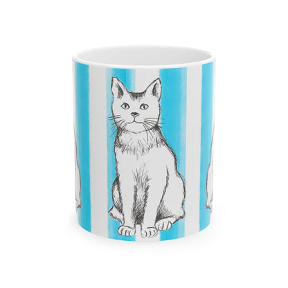 Kitty Fun Mug with Aqua Stripes