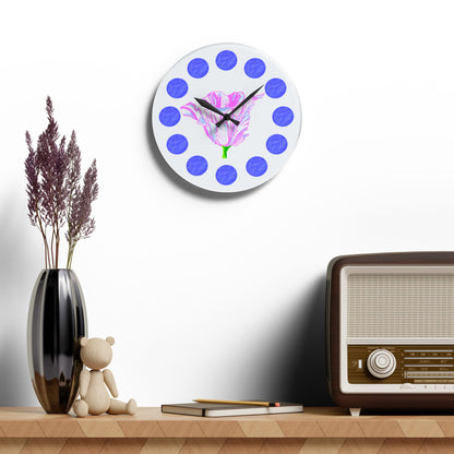 Tulip Love Acrylic Wall Clock, Blue dots Pink Tulip