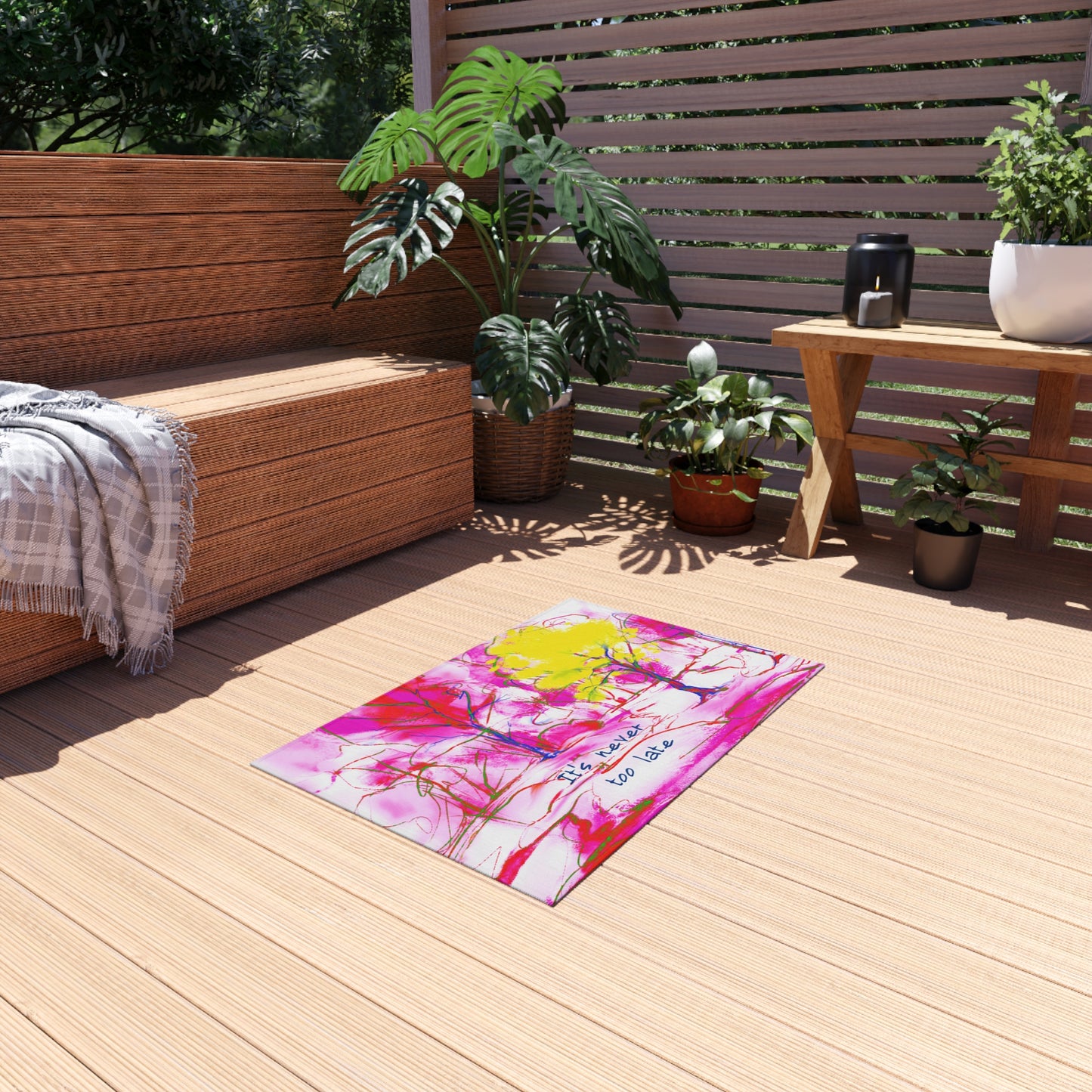Inspirational Landscapes Indoor/Outdoor Rug, "It's never too late", Red, Pink, and Yellow Non-Slip