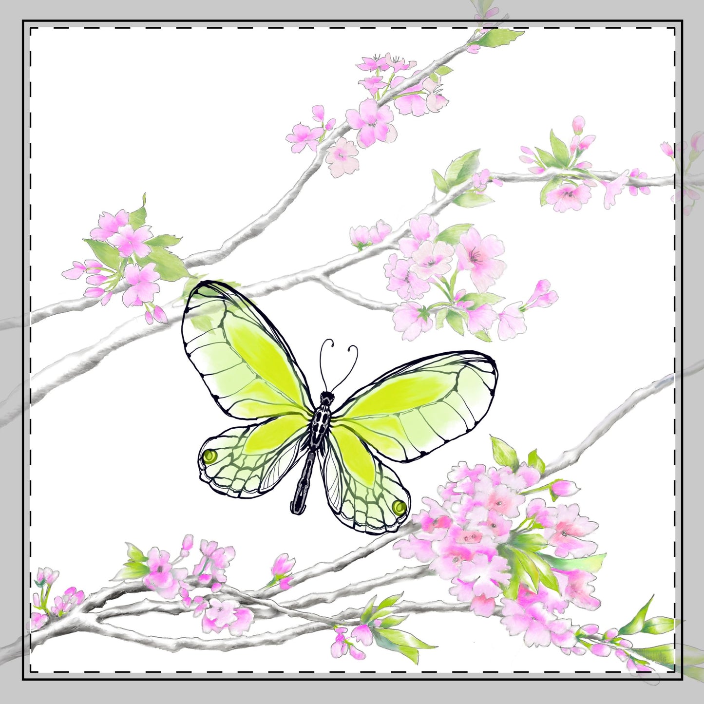 Butterfly Blossom Romp Cotton Twill Napkin , Yellow Green, Fabric Background Creamy White, #6