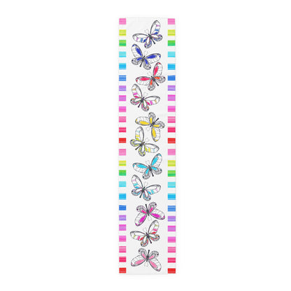 Butterfly Flutterstripe Table Runner in Multi-color with Checked Border 1 size ( 16" × 72")  available in Cotton "creamier" & Polyester "whiter"