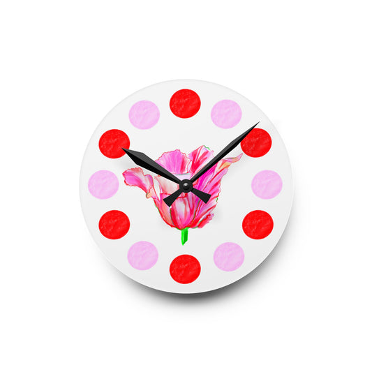 Tulip Love Acrylic Wall Clock, Pink and Red Polka Dots Tulip