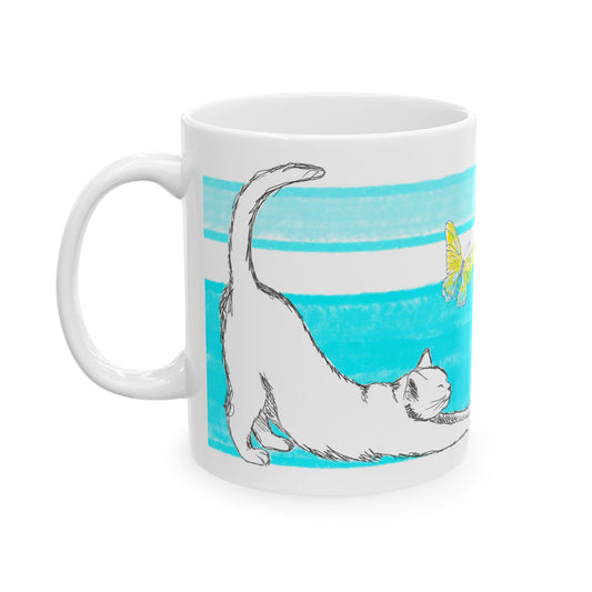 Mega Stripe Kitty Butterfly Flutter Ceramic Mug Aqua